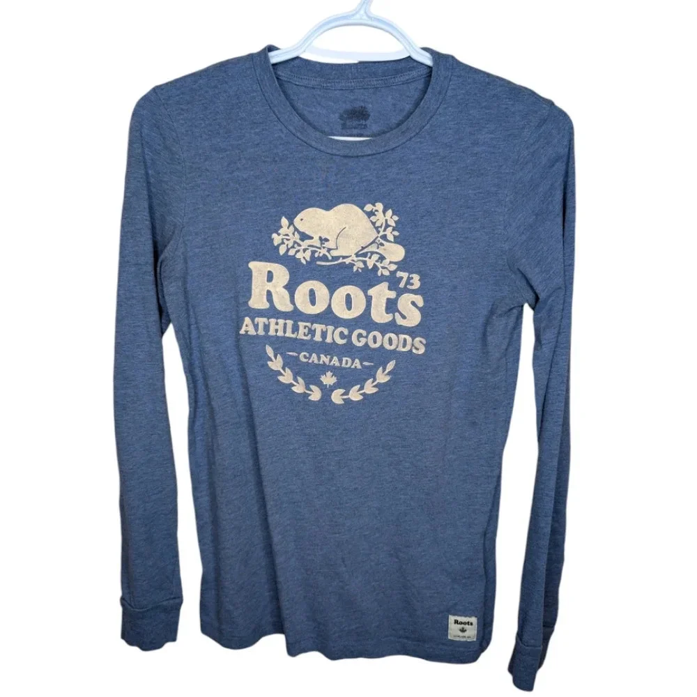 Roots Blue Long Sleeve White Logo Top XS Woman - Picture 1 of 9